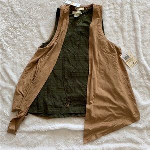 Sleeveless less olive green shirt with tan vest